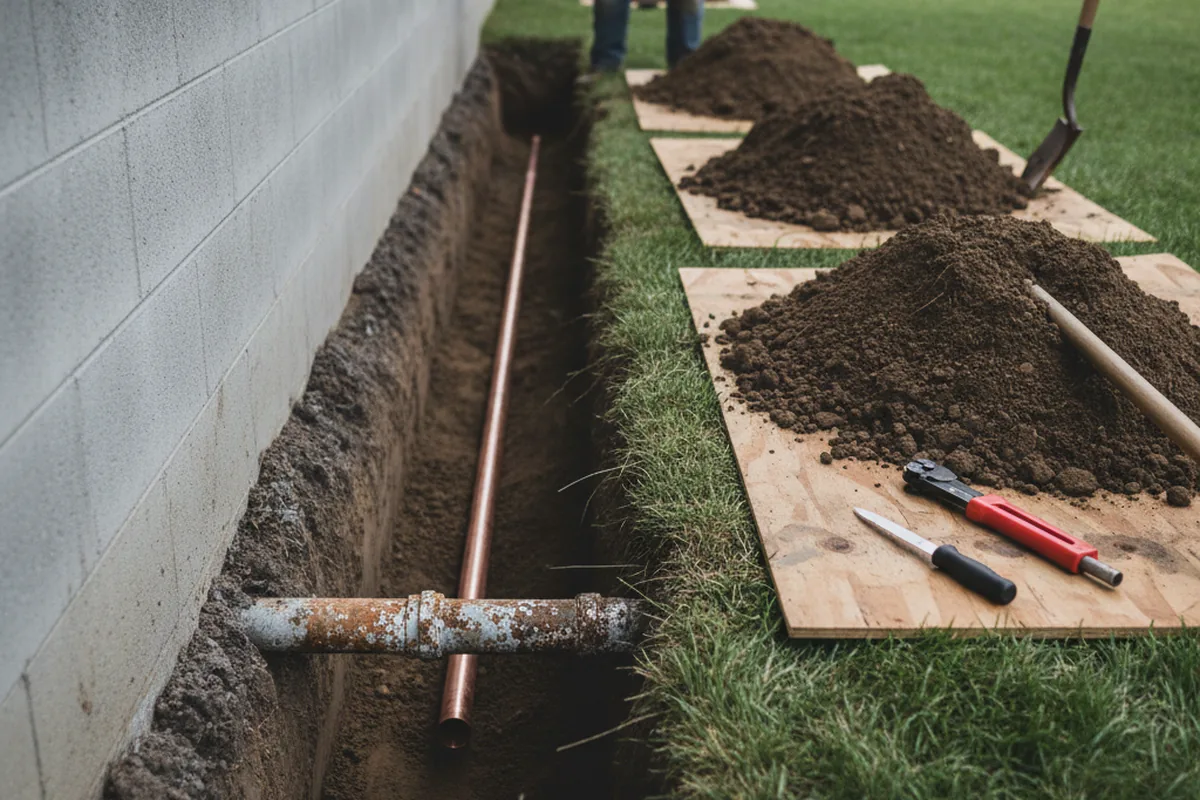 Excavated water line trench during Water Softener Installation in Pine Ridge